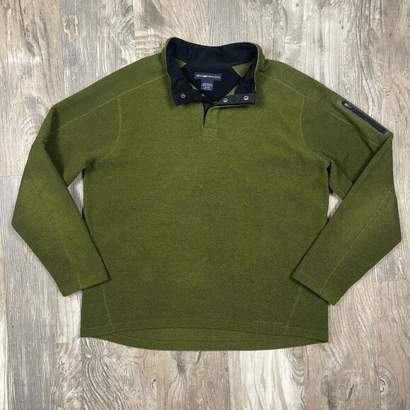 Exofficio Mens Fleece Pullover XL 1/4 Snap Long Sleeve Green Zip Shoulder Pocket - Picture 1 of 6
